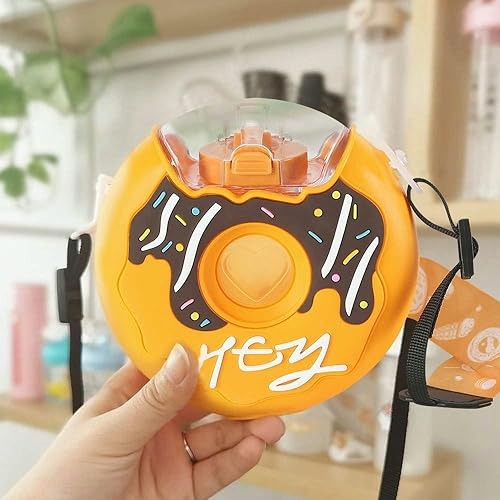 Botella de agua Kawaii Donut con popote para niños y niñas, bonita tetera portátil con correa sin BPA a prueba de fugas, taza de agua para la