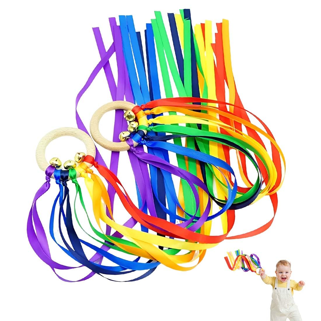 2 Uds Arcoíris Cintas De Viento Para Bebés-Uguetes De Anillo De Cinta De Madera Para Bebé,Sonajero De Cinta De Arcoíris, Ducación Infantil Para Desarrollar Habilidades Motoras Y Coordinación O