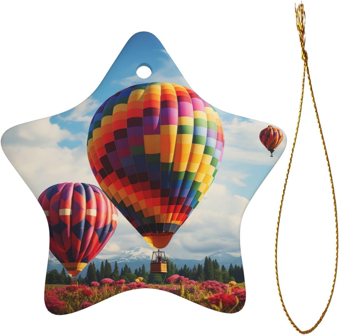 Color Hot Air Balloon Christmas Ornament with Gold Ribbon Christmas Tree Ceramic Ornament Xmas Star Shape Hanging Ornaments Pendants Round Xmas Crafts for Holiday Party Decoration Gift