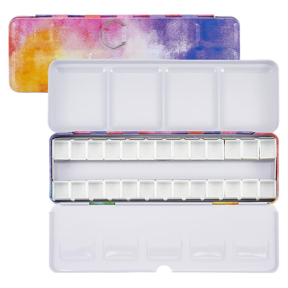 Paleta de pintura de acuarela vacía caja de metal colorida con paleta plegable y sartenes