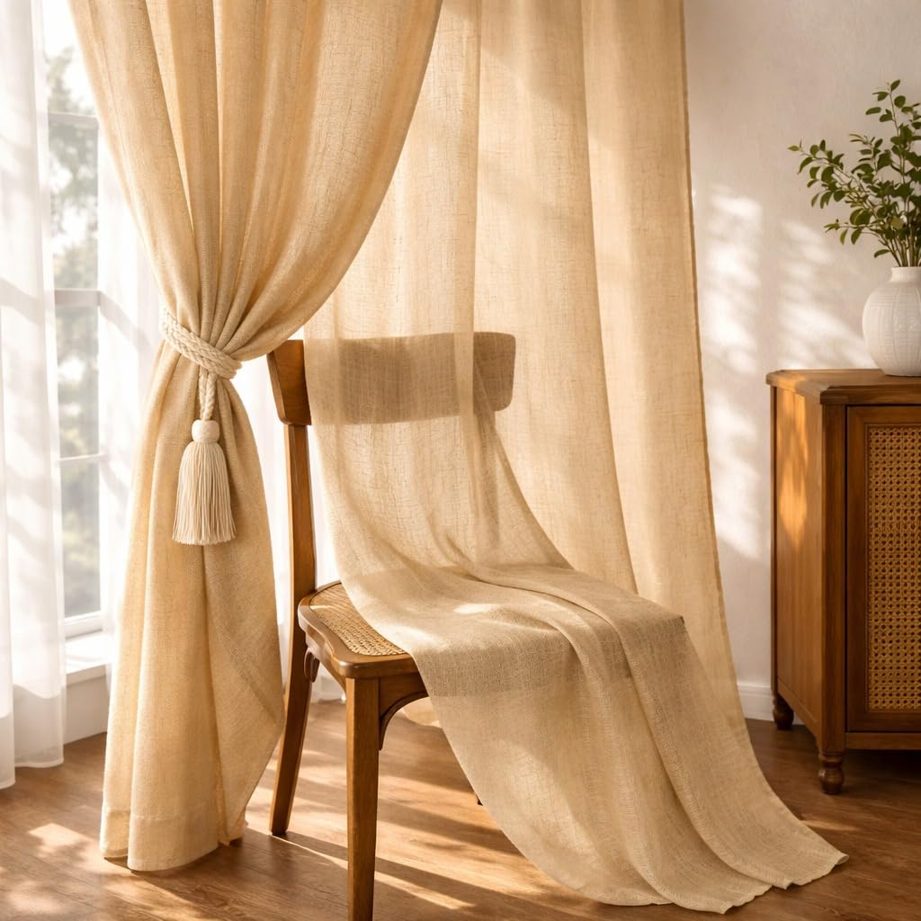 THE LINEN COMPANY Cotton Linen Sheer Window Curtains with Rod Pocket, Semi Transparent Light Filtering Drapes for Living Room & Bedroom, Beige, 5 Feet, Pack of 1