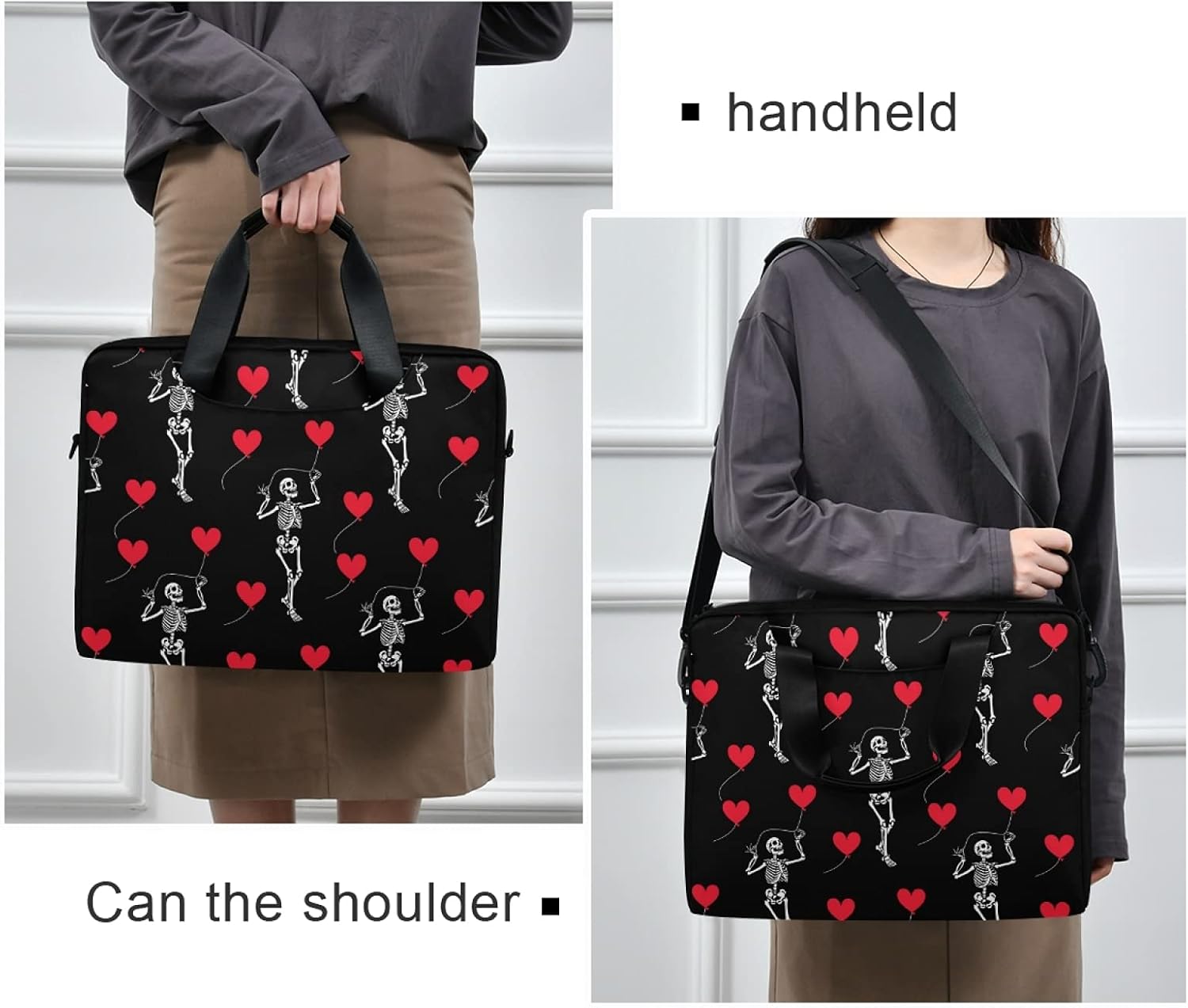 Romantic Skull Gothic Halloween Skeleton Laptop Bag Case 13 14 15.6 inch Laptop Messenger Bag Crossbody Briefcase for Men Women with Shoulder Strap Handle