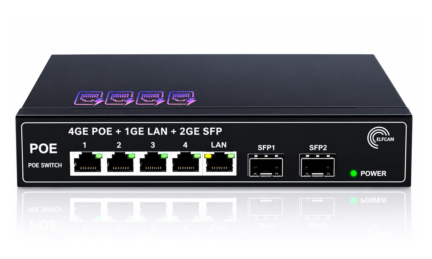 Elfcam® - Conmutador de Fibra óptica PoE con 2 Puertos SFP de 1,25 GB, 4 Puertos PoE Gigabit Ethernet 10/100/1000Mbps, Plug & Play no gestionado (4 Puertos PoE)