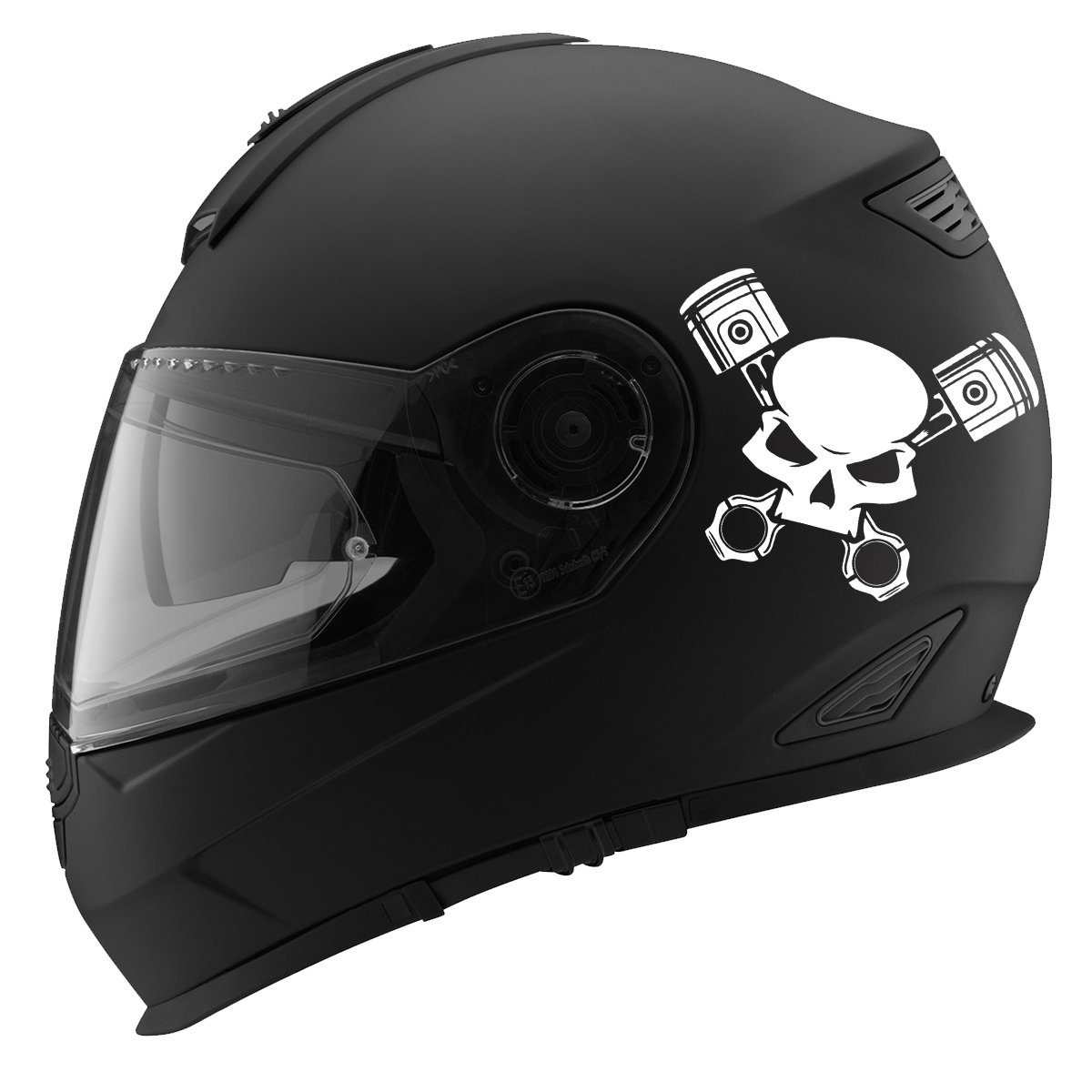 Skull and Pistons Design Auto Car Racing Motorcycle Helmet Decal - 5" - White