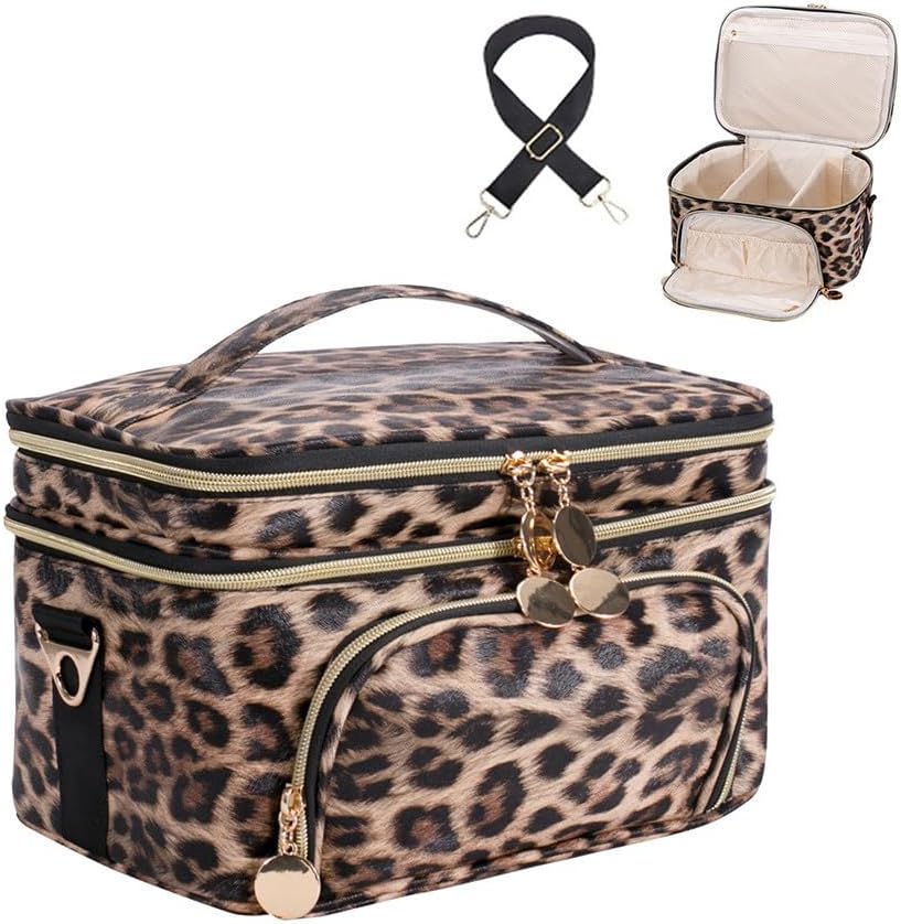 FITINI Double Layer Travel Leopard Makeup Bag,Extra Large Women Cosmetic Organizer Case,Skin Care Essentials Toiletries Bags with Shoulder Strap Waterproof Brush Storage with Removable Dividers