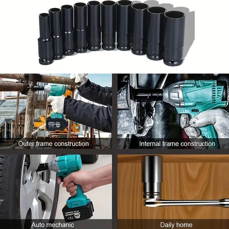 Image of 10 Pieces 1 /2-Inch Square Drive 78mm Deep Impact Socket Hex Set, 6-Point Standard Metric Sizes CR-V Steel 10mm to 24mm (10 in 1 impact socket set) (Green)