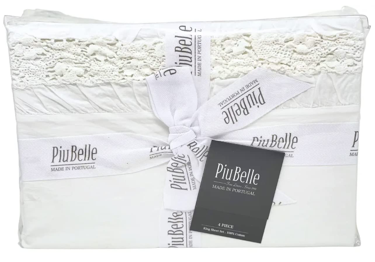 Piu Belle PiuBelle Portugal 4 Piece Soft 100% Cotton Crochet Lace Frayed Ruffle Luxury White Sheet Set Shabby Chic Style (King (U.S. Standard))