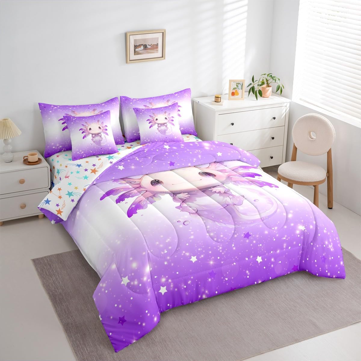 Feelyou Cute Axolotl Comforter Set with Sheets 7 Piece Full Size