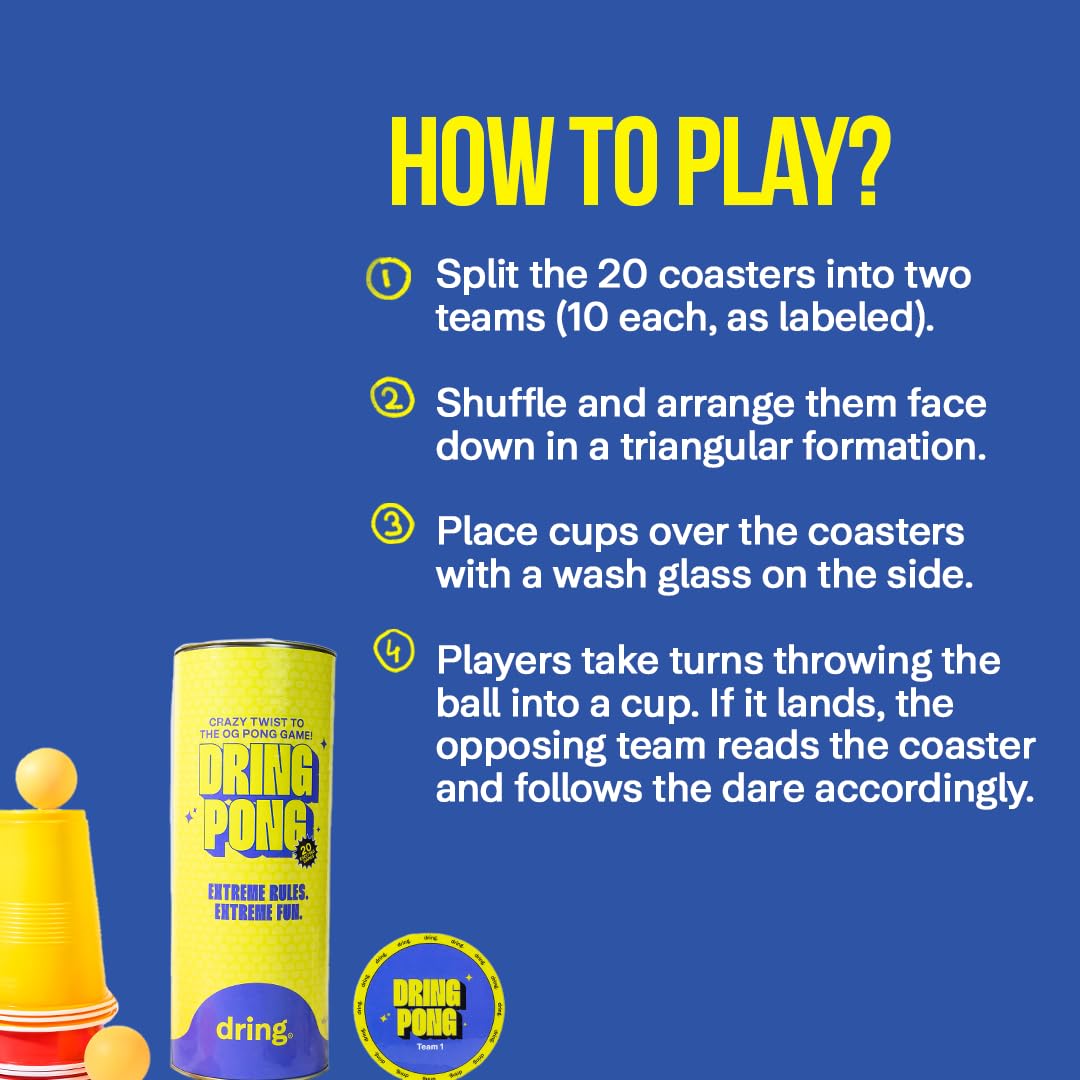 Dring Pong - Crazy Twist to The OG Pong-Game | All in One Set - 20 Coaster Dares, 22 Cups, 4 Balls | House Party Game for Adults | 2-12 Players | Perfect for Birthday, Bachelor & Gifts for Friends - Image 5 thumbnail