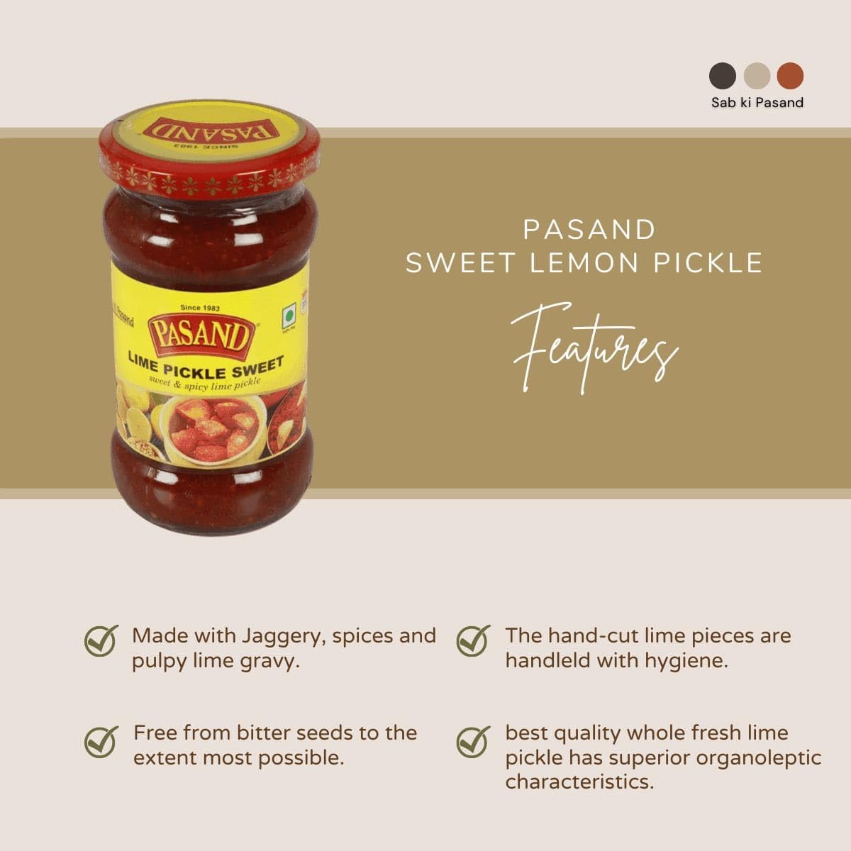 PASAND Lemon Pickle 340g | Homemade recipe | sweet & spicy | Tangy, Sweet & Spicy Nimbu Ka Achar | Traditional Khatta Meetha Lime Pickle | Authentic Indian Pickle in Glass Jar 1