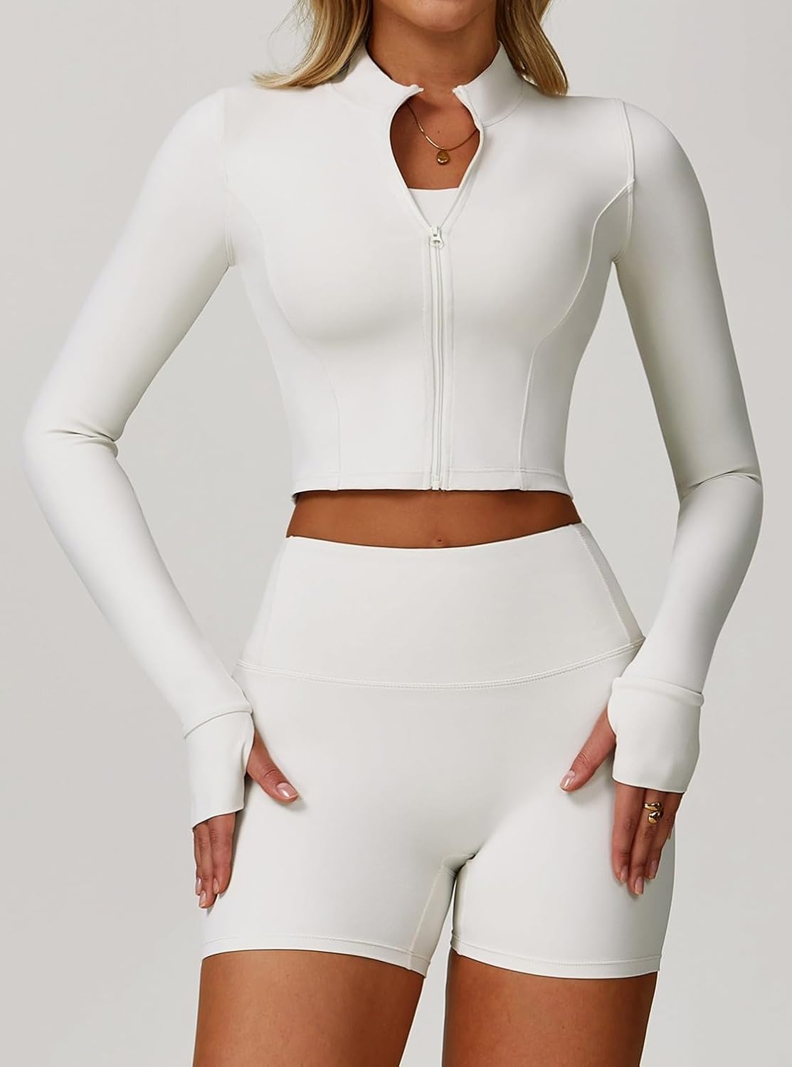 Yknktstc Womens Full Zip Athletic Jacket with Thumbhole Long Sleeve Crop Top Running Workout Yoga Sportswear Shirt - Image 2