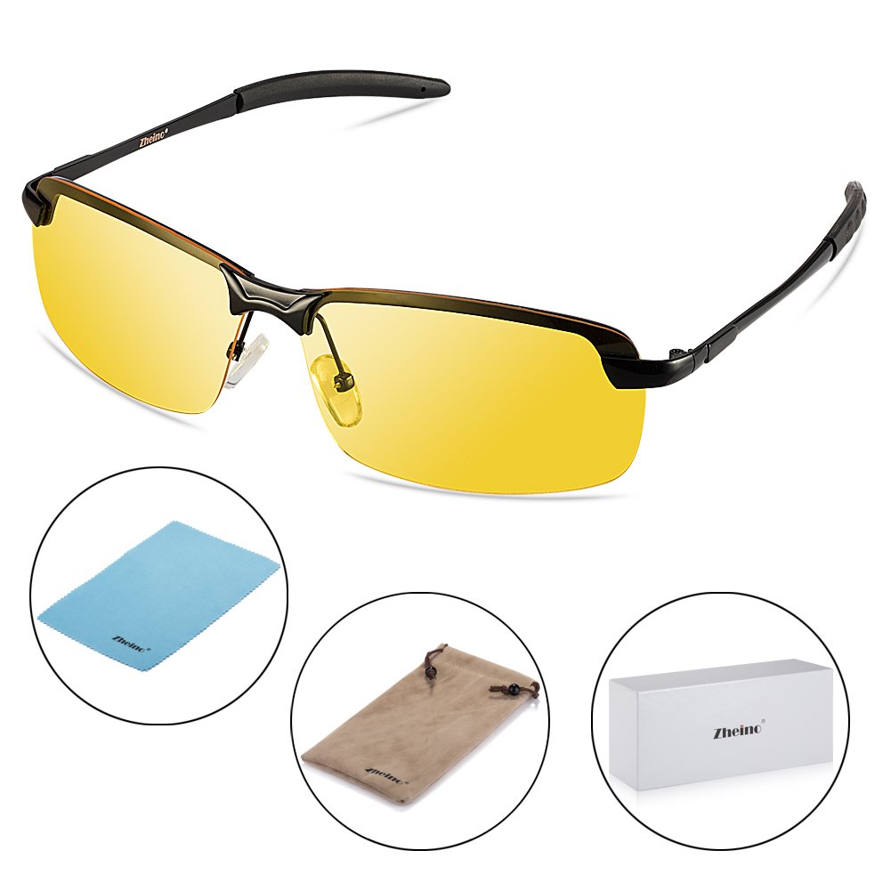 Zheino 5909 HD Night Vision Polarized Sunglasses, UV400 Anti-glare Driving Polarized Sunglasses Yellow Lens + Case
