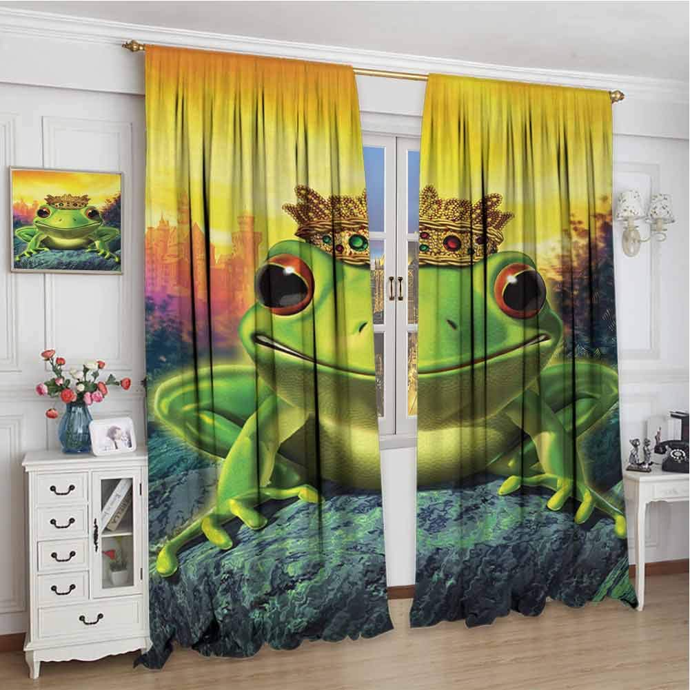Animal 99% Blackout Curtains Frog Prince with Golden Yellow Crown on Rocks Fairytale Soul Mates Illustration for Bedroom Kindergarten Living Room W108 x L72 Inch Green Yellow