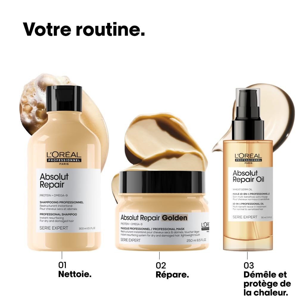L'OREAL PROFESSIONNEL - Restructuration Instantanée - Absolut Repair Golden - Cheveux Secs & Abîmés - Répare & Protège Intensément - 7x Plus de Brillance