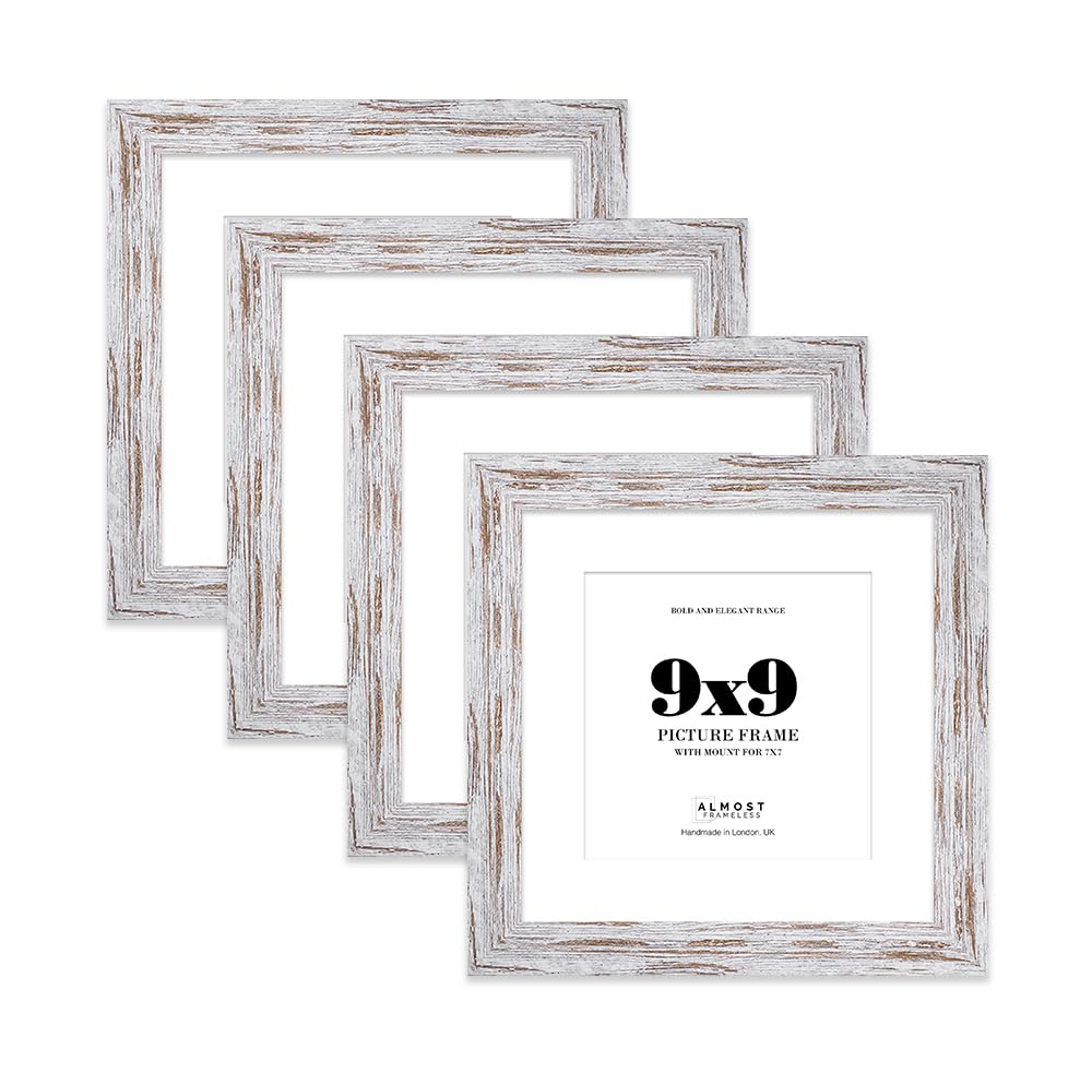 9x9" Distressed Wood Square Frame With Mount for 7x7" Pictures 28mm Edge Frame Display with Wall Hooks and Kickstand, 4 Pack