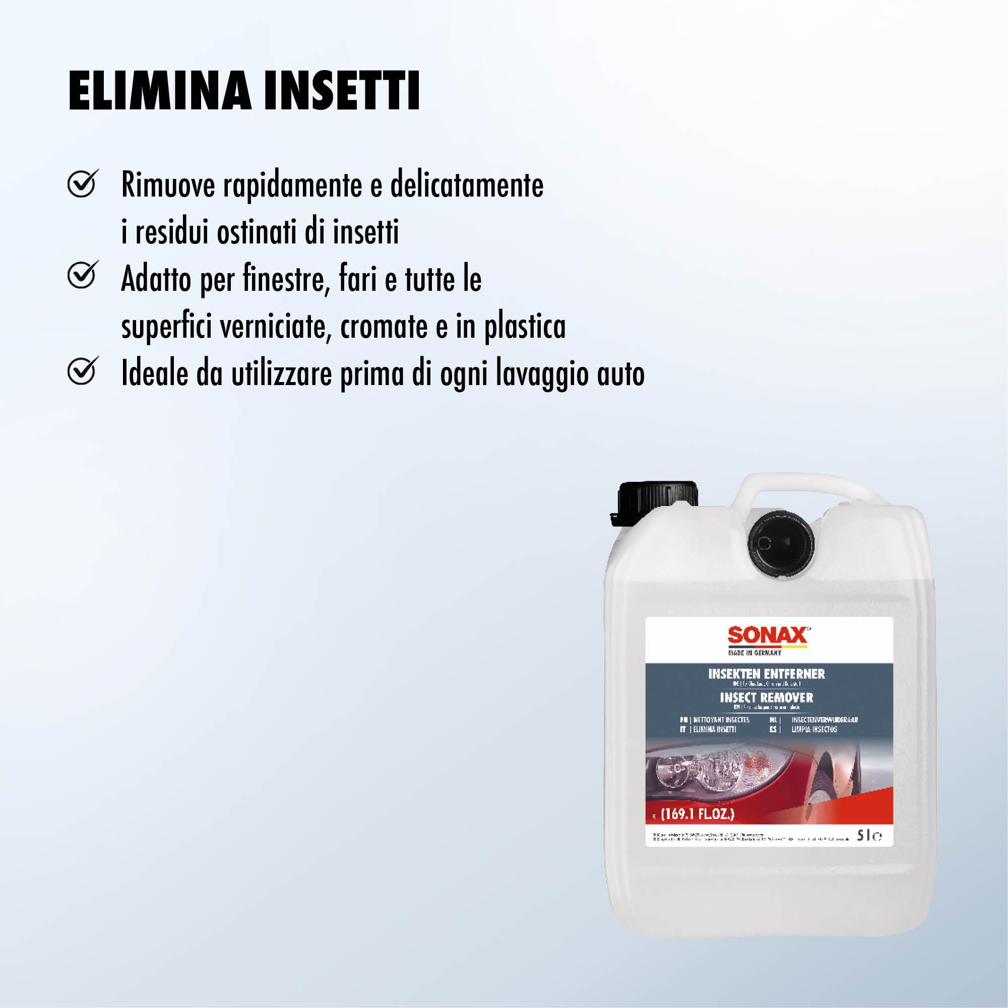 SONAX Detergente rimuovi insetti (5 Litri) Detergente speciale per rimuovere residui di insetti da superfici in vetro, vernice, cromature e plastica | Art. N. 05335000