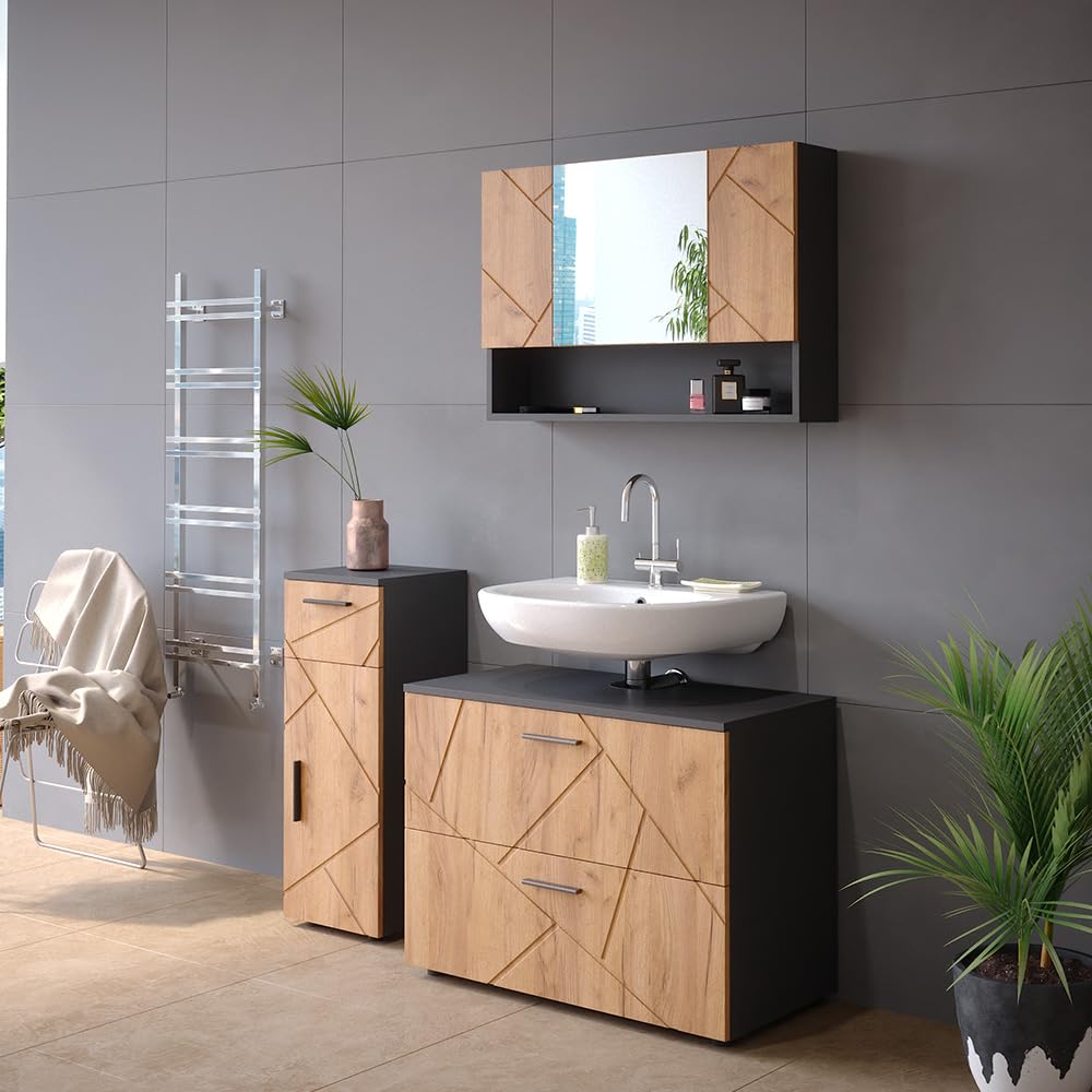 Vicco Specchio contenitore bagno Irma Rovere dorato/antracite 80.1x55 cm | con specchio e ripiani aperti per montaggio a parete