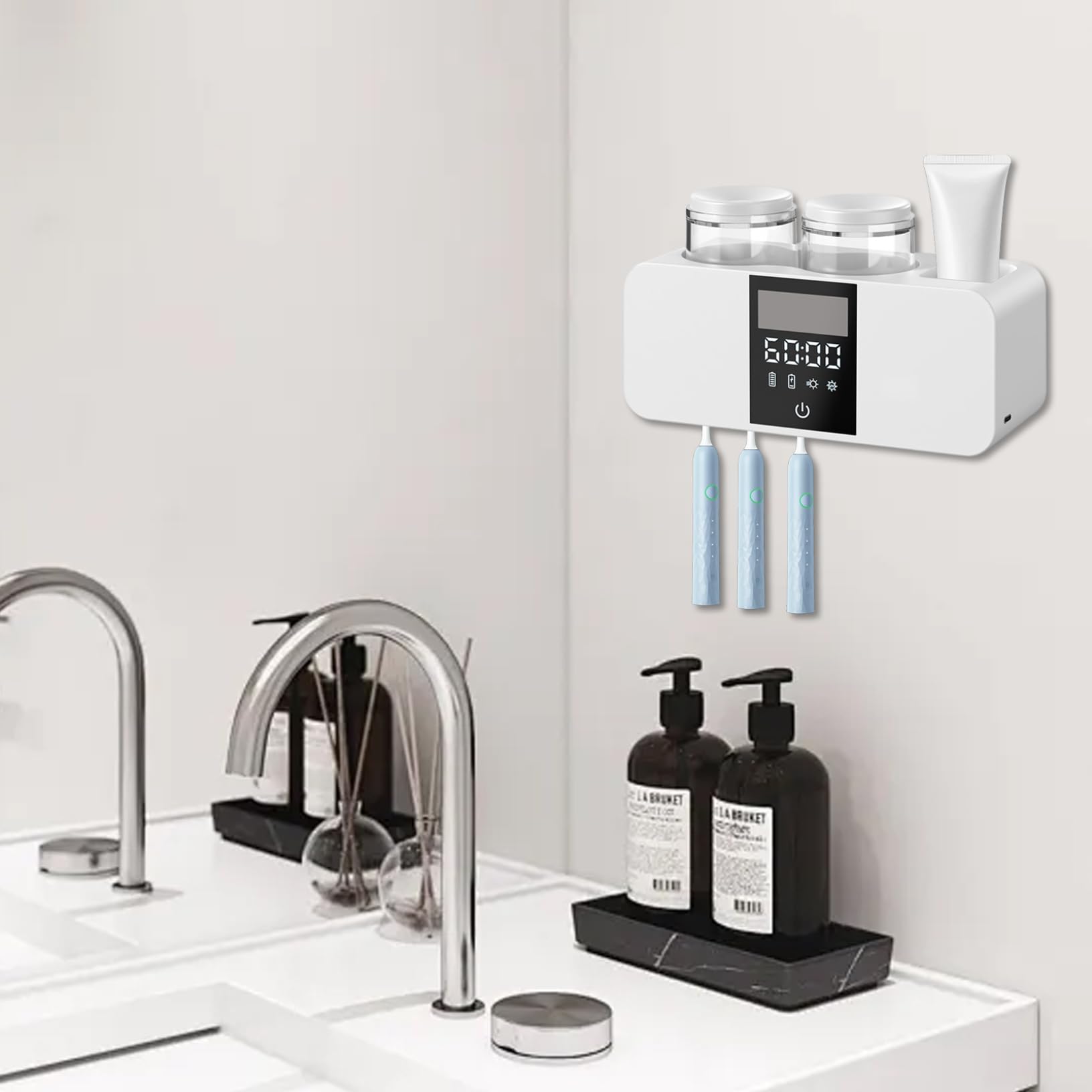 Soporte Inteligente para cepillos de Dientes, 2 Tazas, Soporte para cepillos de Dientes con energía Solar, con 4 Ranuras y dispensador de Pasta de, prácticos Accesorios de baño autoadhesivos