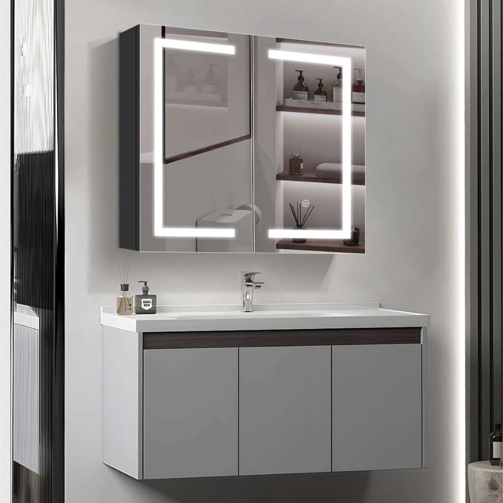 SensaHome Szafka z lustrem z oświetleniem LED - Szafka łazienkowa - 3 kolory LED - 60x65cm