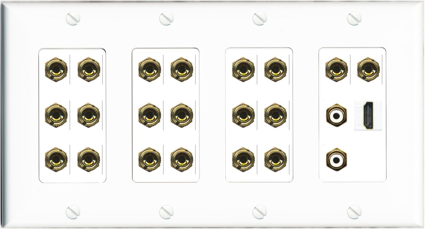 RiteAV 10.2 Surround Sound 10 Speaker 20 Banana Plug Jack Wall Plate w/2 RCA Subwoofer + HDMI Female Connectors - 4 Gang [White]