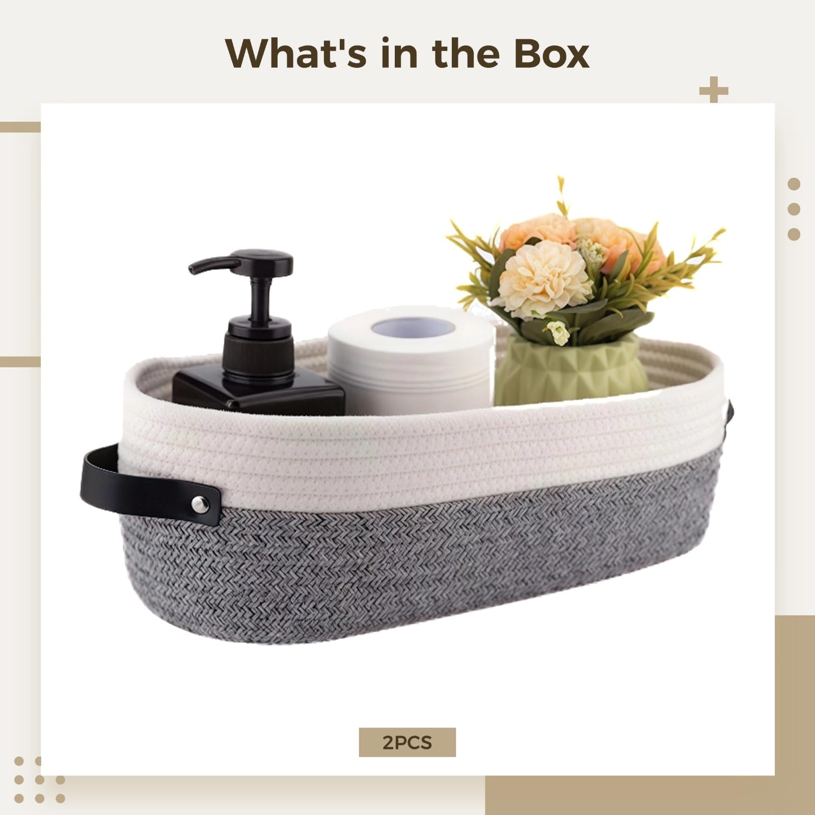 Lot de 2 paniers de rangement ovales en corde de coton, paniers tressés avec poignées en cuir, organisateurs pour salle de bains, conteneurs de rangement pour la maison, jouets et serviettes
