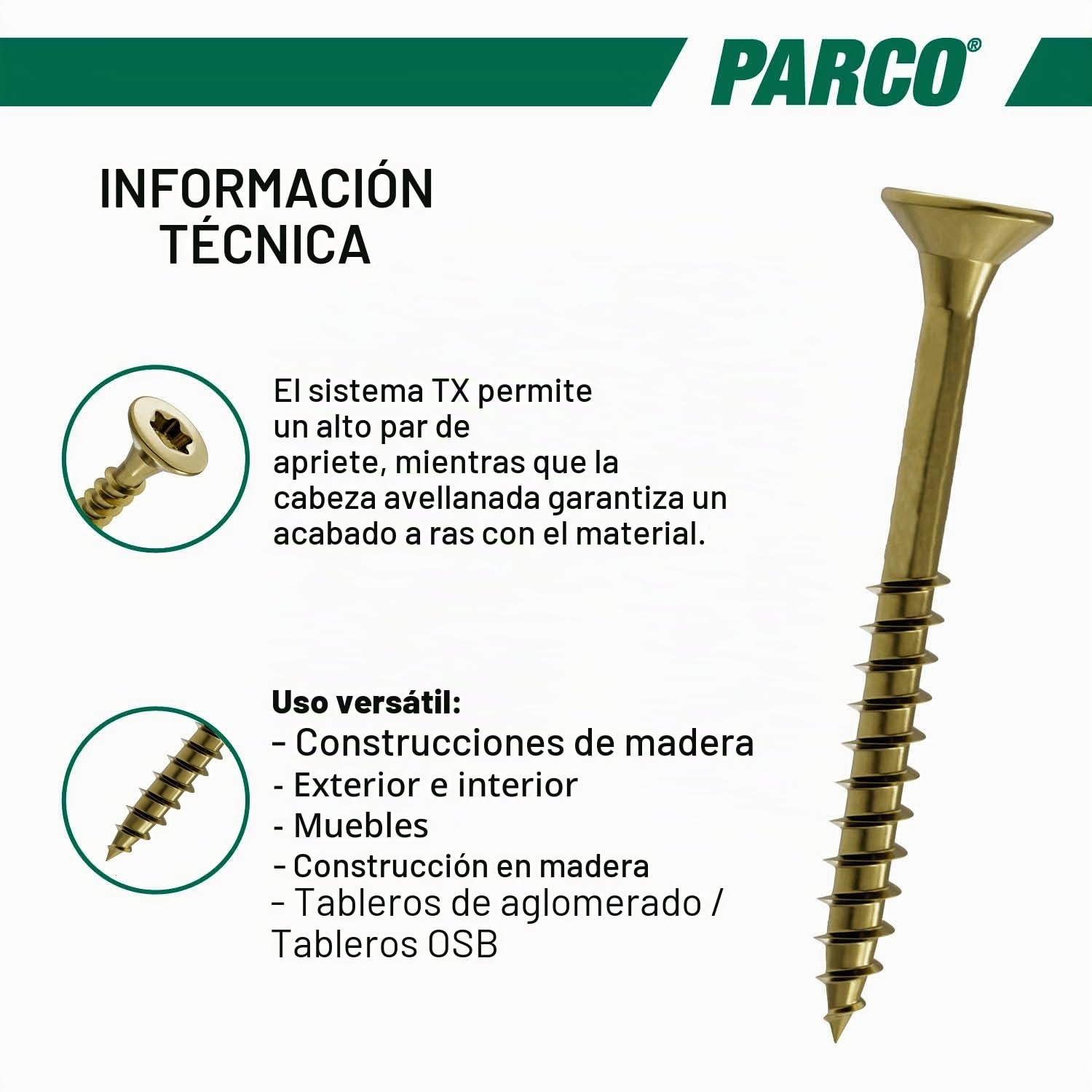 Tornillos tirafondos de cabeza avellanada Torx Parco, surtido de 4900 piezas, amarillo galvanizado + puntas Torx 890P109