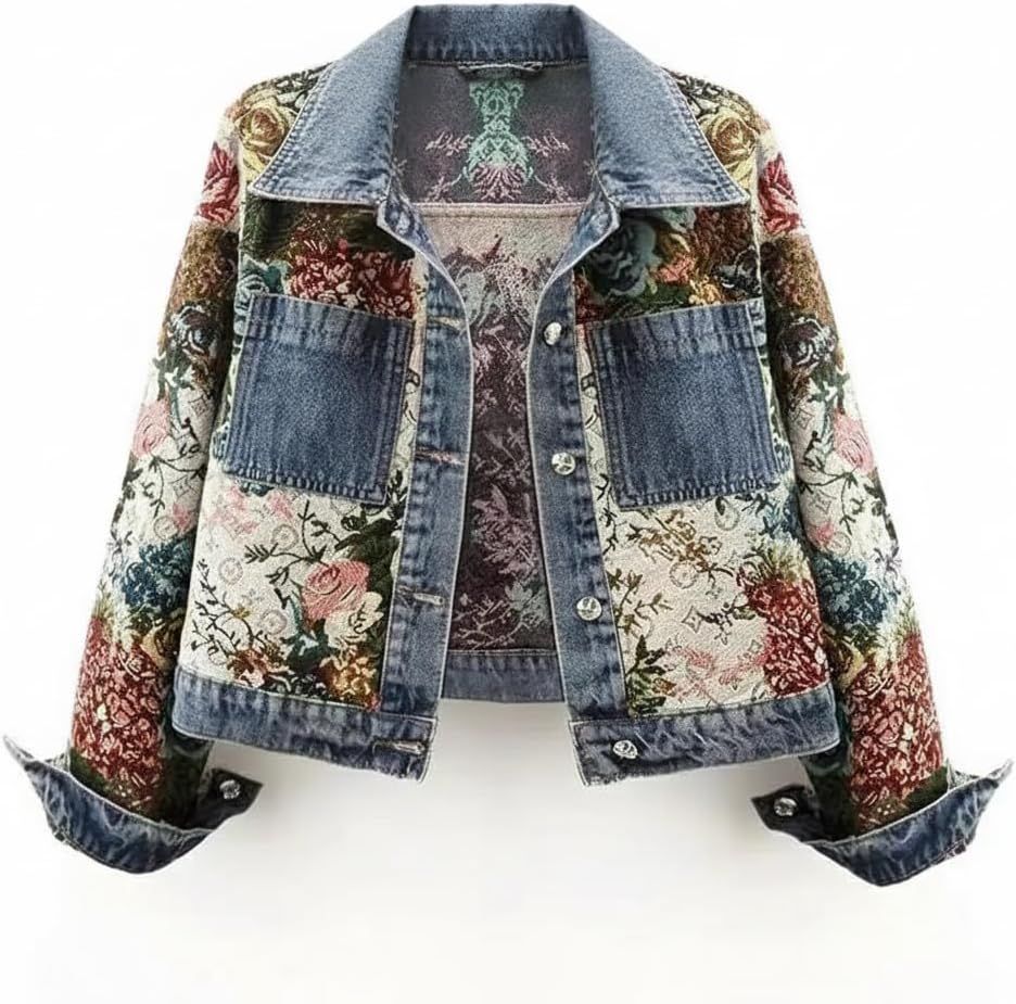 Plus Size Vintage Floral Tapestry Denim Jacket | Boho Embroidered Jean Jacket | Cottagecore Flower Print Denim Coat