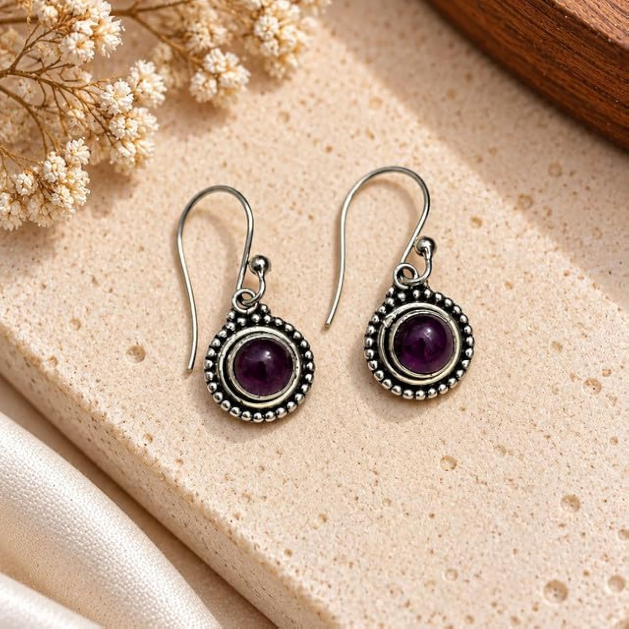 Women's 925 Sterling Silver Garnet Oxidised Round Dangle Earrings