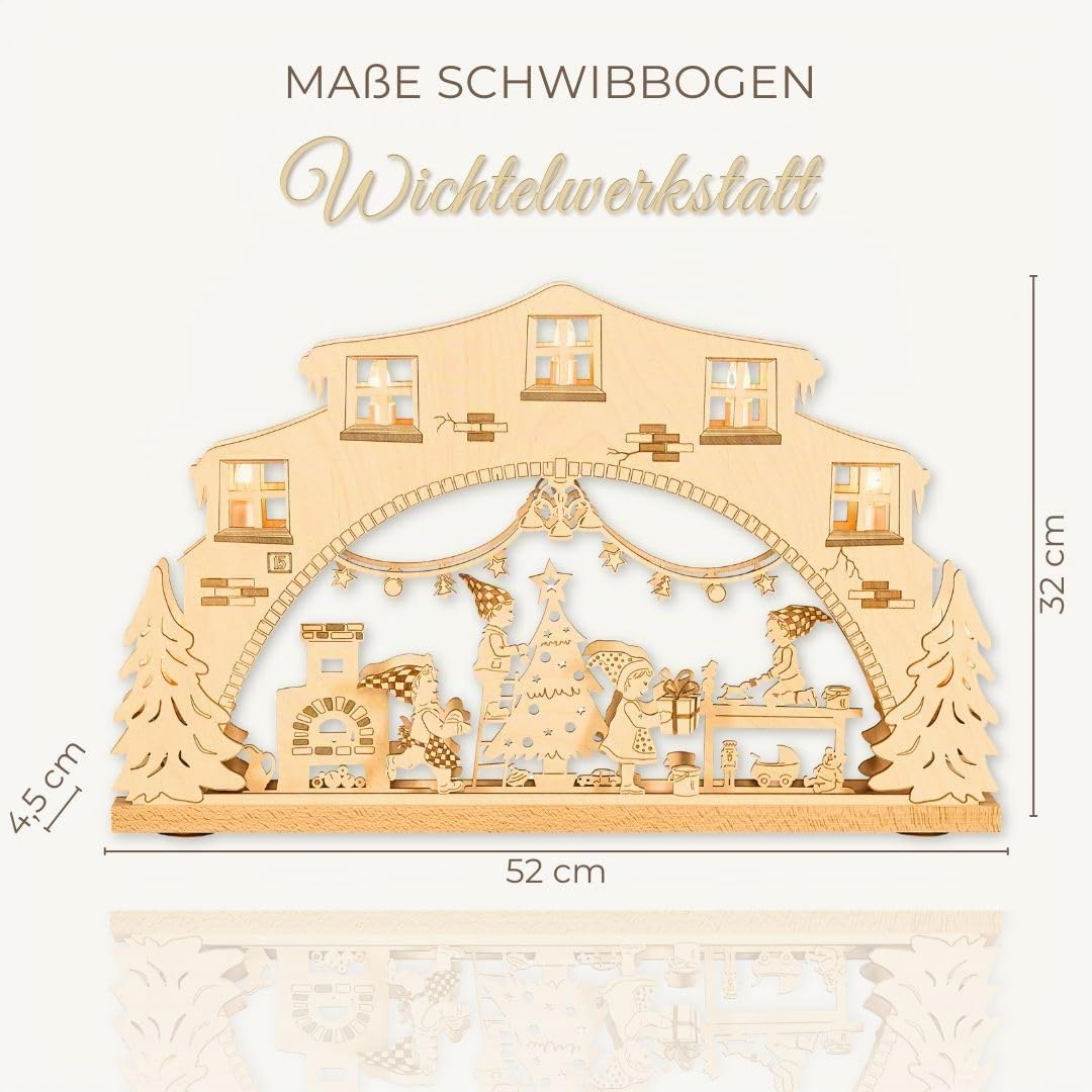 weigla - Schwibbogen original Erzgebirge I Lichterbogen Weihnachten I Motiv Wichtelwerkstatt I 7 Lampenkerzen + 1 Ersatzlampe I 7 x 34 V, 3 W, E10 I beleuchtete Weihnachtsdeko