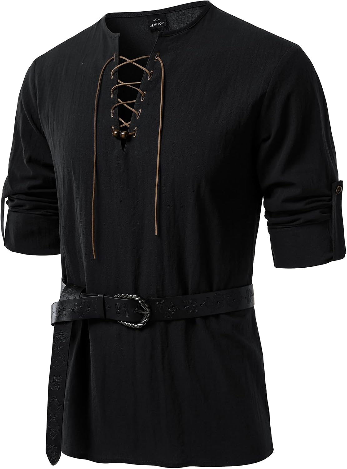 JEMITOP Men's Renaissance Pure Cotton Lace Up Shirt V-Neck Long Sleeve Retro Costume for Medieval Pirate Viking Without Belt