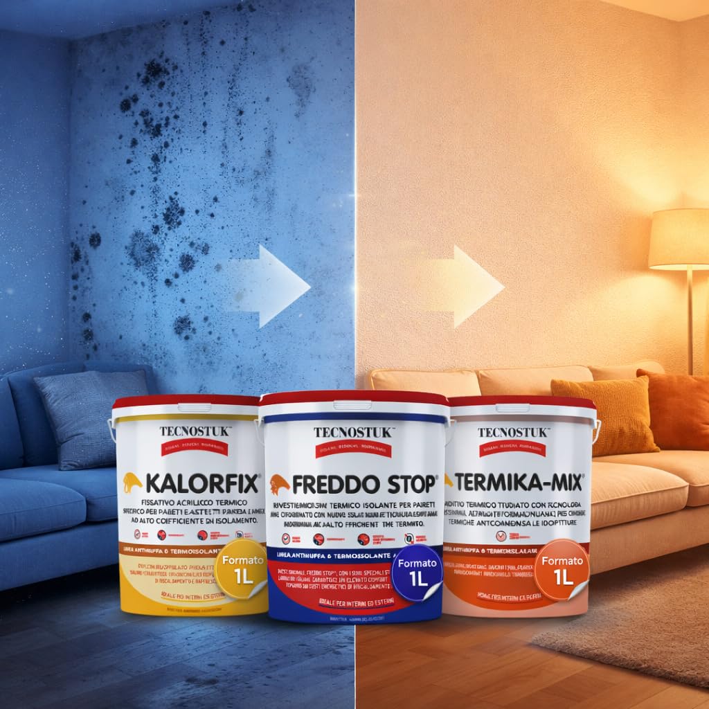 TECNOSTUK Trattamento Completo Per Muri Freddi E Umidi, Interni ed Esterni, Kalorfix 1L + Freddo Stop 1L + Termika-Mix 1L