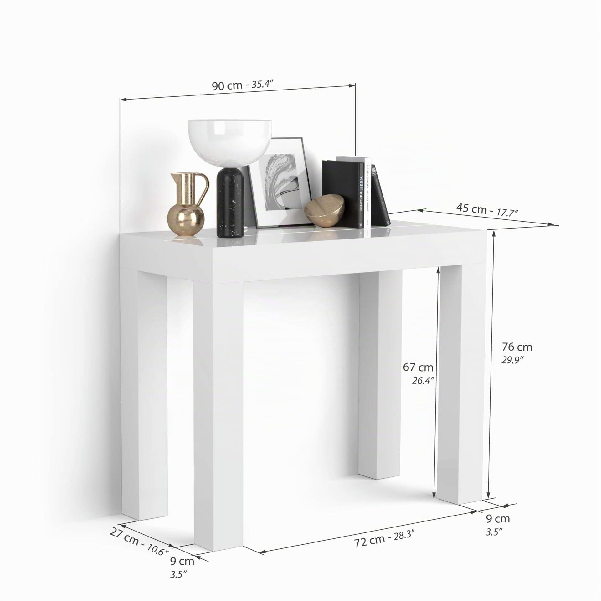 MOBILI FIVER, Mesa Consola Extensible First, 45(305) x90 cm, Color Blanco Brillante, para 14 Personas, Mesa Consola Extensible por Cocina y salón, Made In Italy