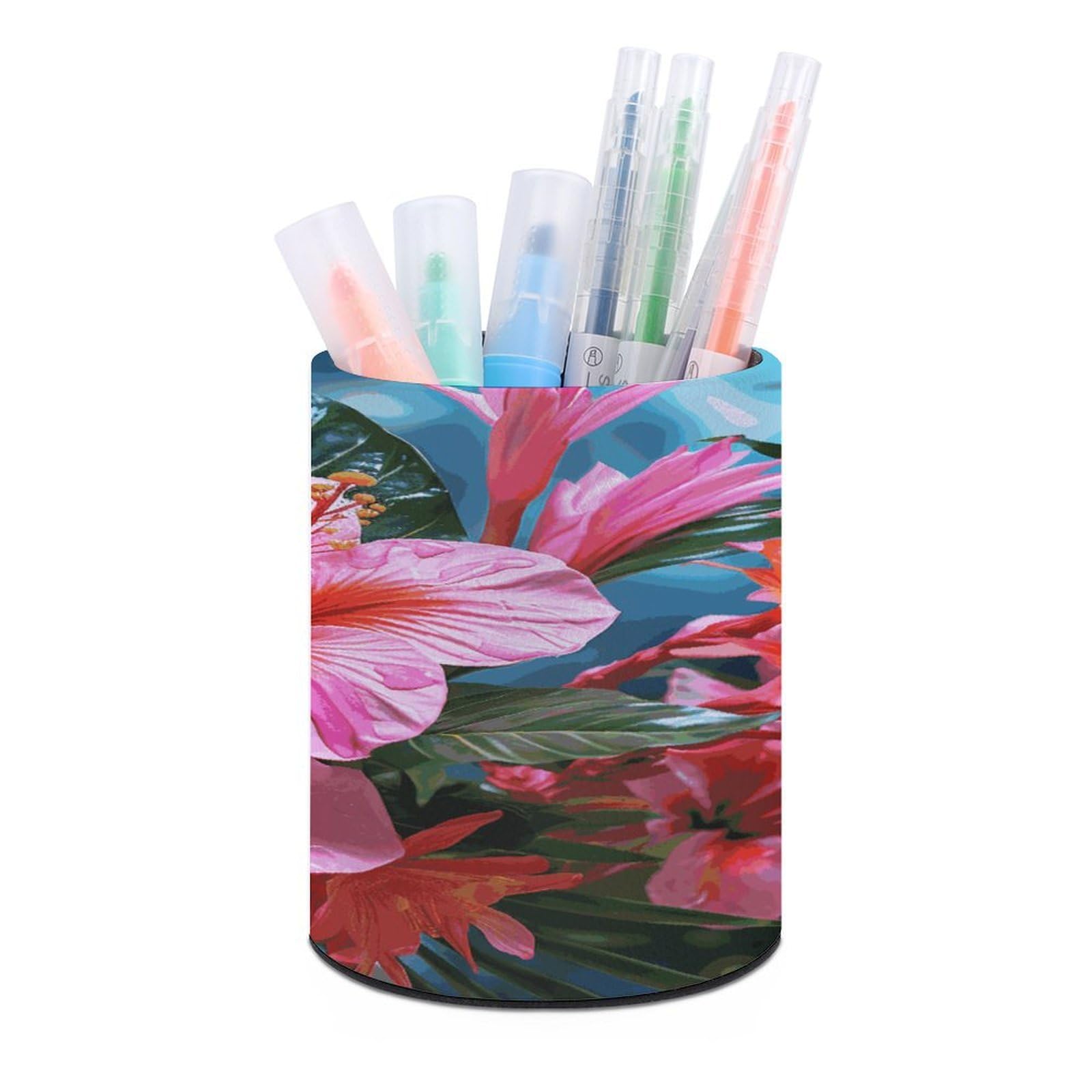FekiLoot Pink Flower Tropical Plant Pen Holder Personalized Desktop Pencil Holders Case Office Accessories Container Box for Round Pen Cup Desktop Organizer Makeup Brush Holder Caddy Storage