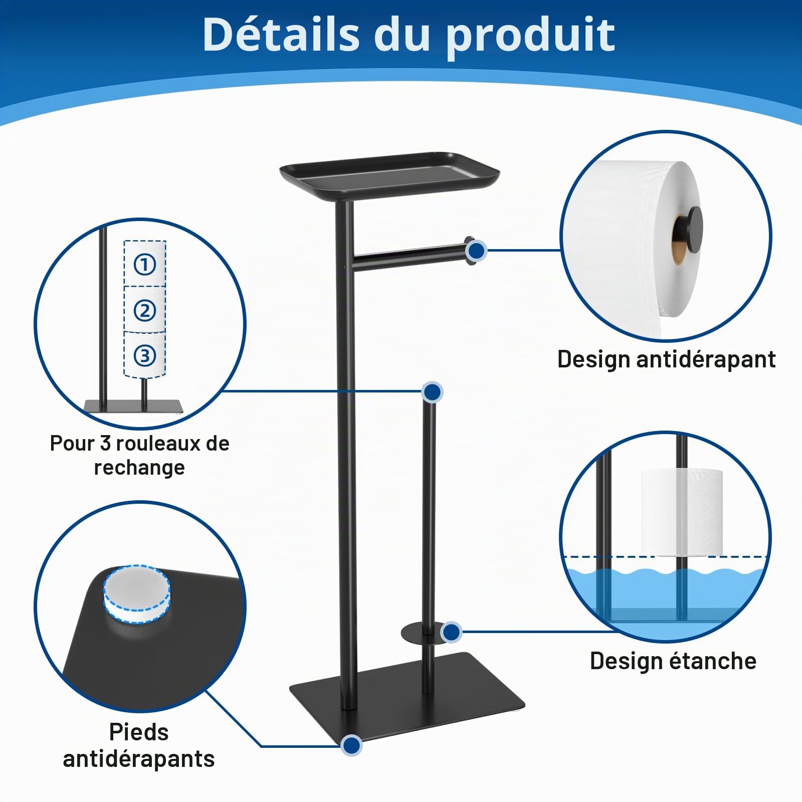Porte-Rouleau de Papier Toilette autoportant avec étagère supérieure, Peut contenir 4 Rouleaux, Distributeur de Papier Toilette en Acier Inoxydable pour Salle de Bain