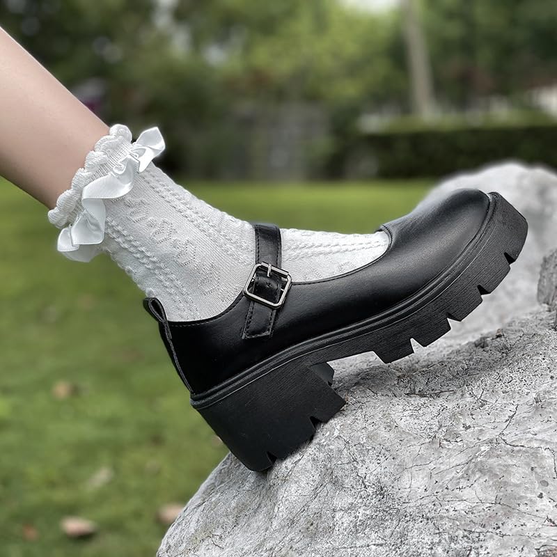 Image of Women's Platform Mary Janes Heart Cat Buckle Rivets Ankle Lolita Gothic Princess Platform Pumps Patent Leather Thorn Vintage Traditional Embroidery Upper Dress Shoes