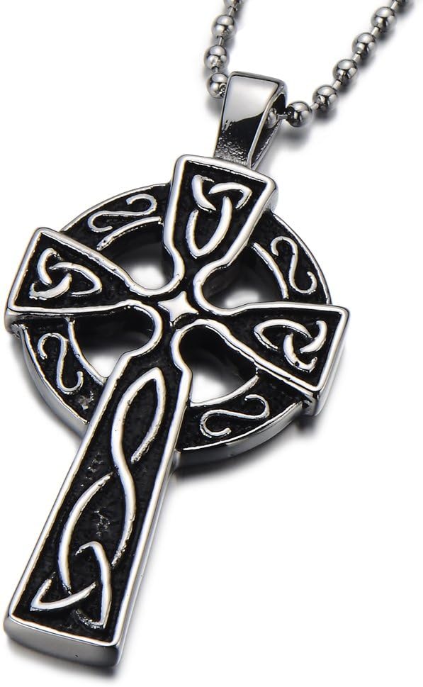 Stainless Steel Mens Celtic Cross Pendant Necklace Silver Black Two-Tone with 23.6 in Ball Chain