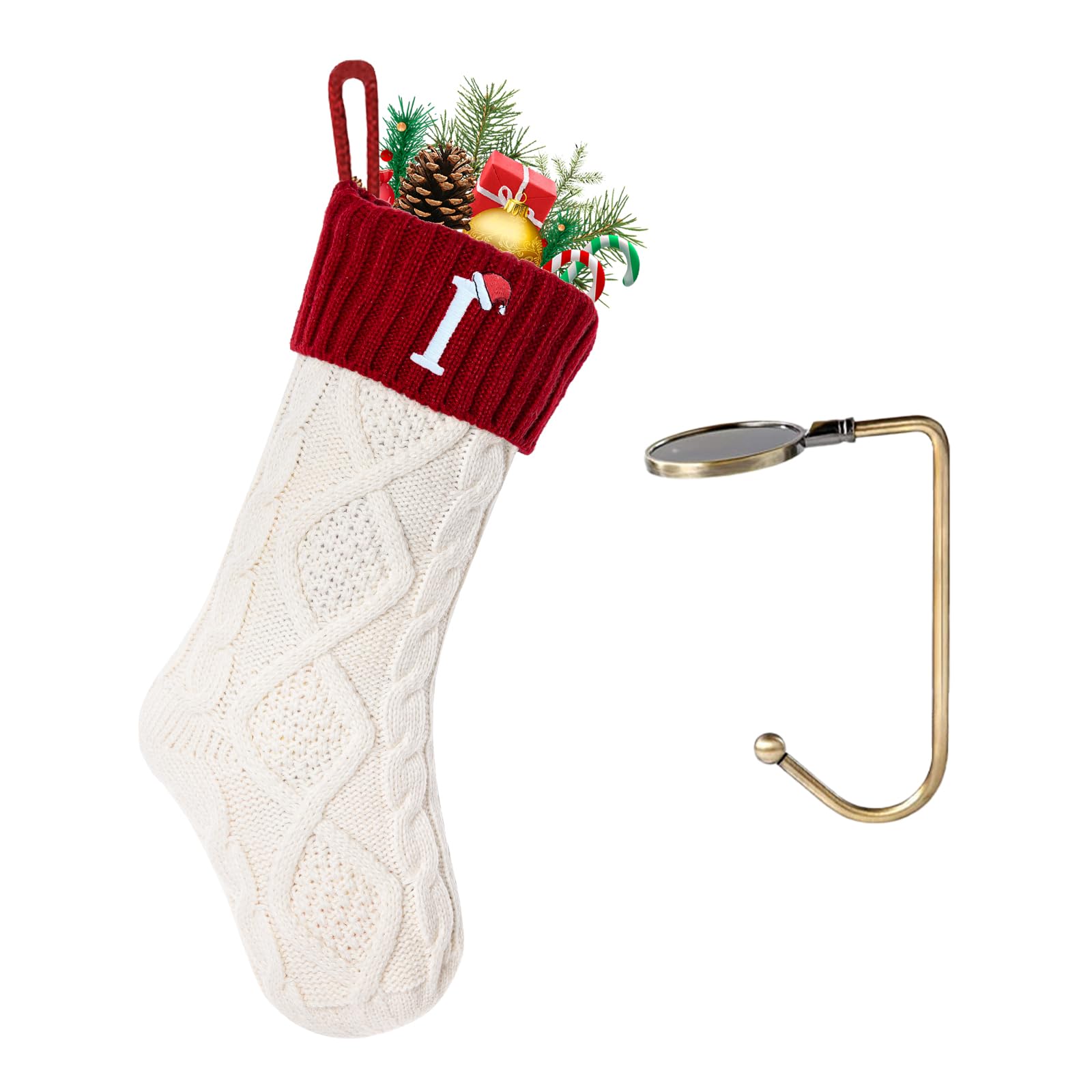 VRFASHION Christmas Stockings with Initials,Embroidered Xmas Stockings,18" Large Monogram Knitted Xmas Stocking,Christmas Party Fireplace Family Hanging Stocking Decorations 1Pcs White-Red Letter I