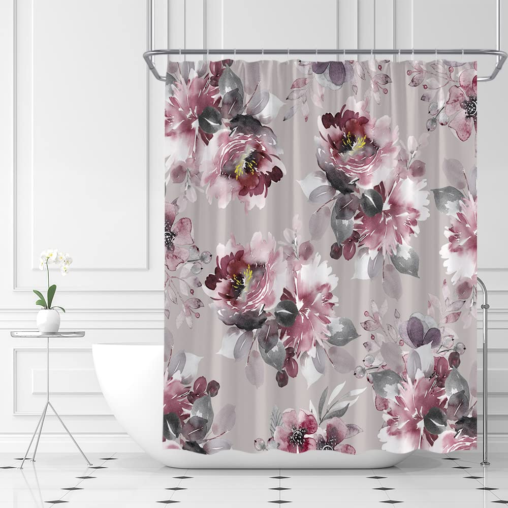 Yookeb Eucalyptus Shower Curtain – Burgundy Sage Green Floral, Waterproof Polyester, 60x71 Inches
