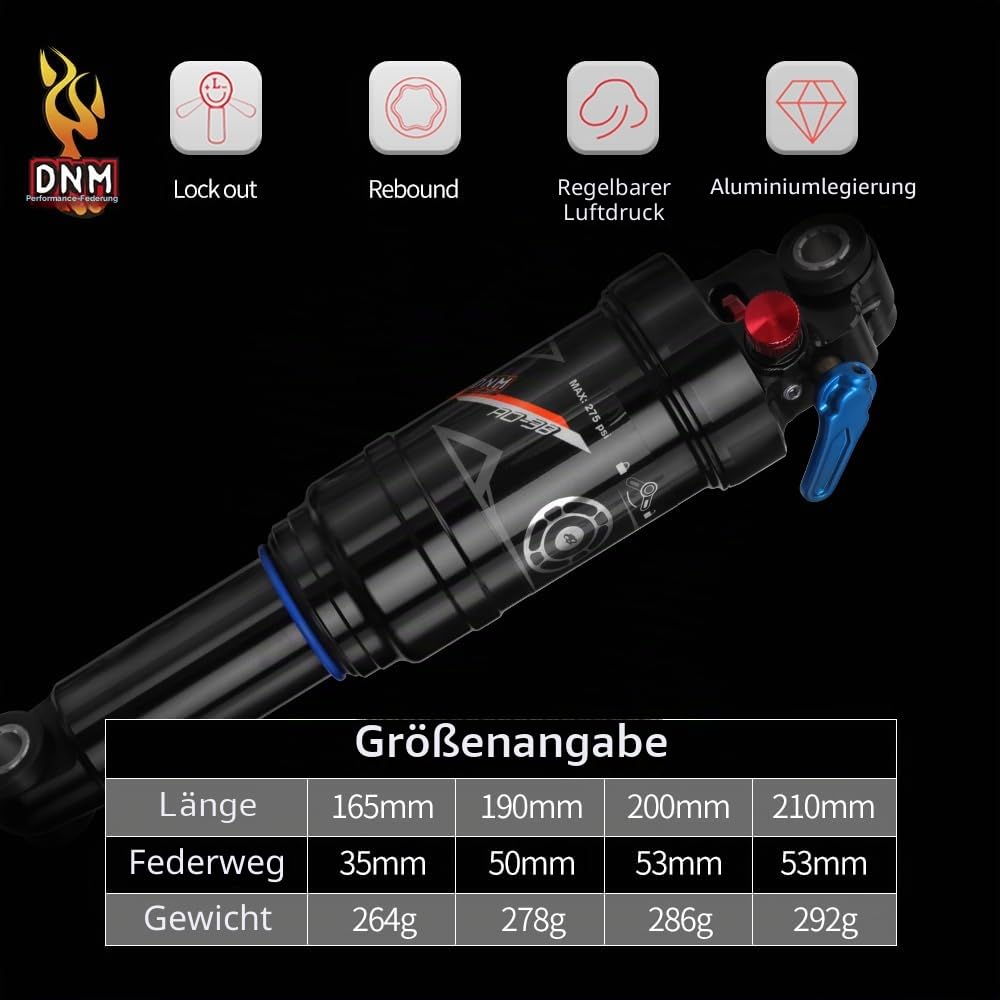 DNM AO-38RC MTB-Hinterrad-Stoßdämpfer Fahrrad Luft-Hinterrad-Stoßdämpfer Rückstoß/Lock Out - Manuelle Fernbedienung - Einstellbarer Luftdruck (210 x 53 mm (8,27" x 2,09"))