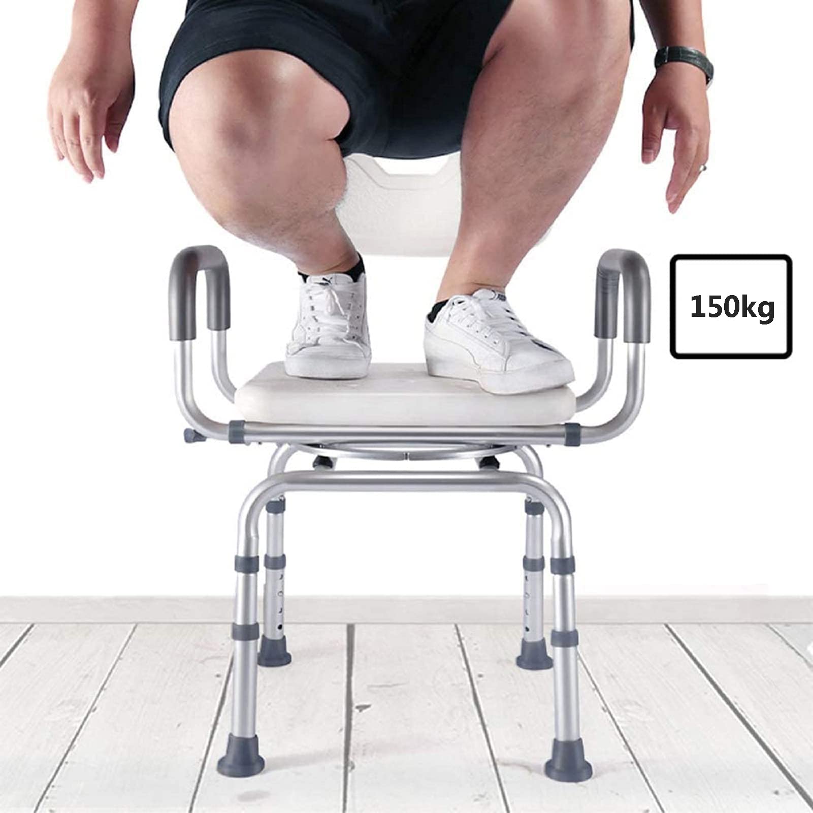HOLiv Silla De Ducha 360º Giratoria BañEra Silla Ajustable En Altura Silla De Ducha Reposabrazos para Asiento Giratorio para Ancianos Personas Mayores, Carga Máxima 150 Kg