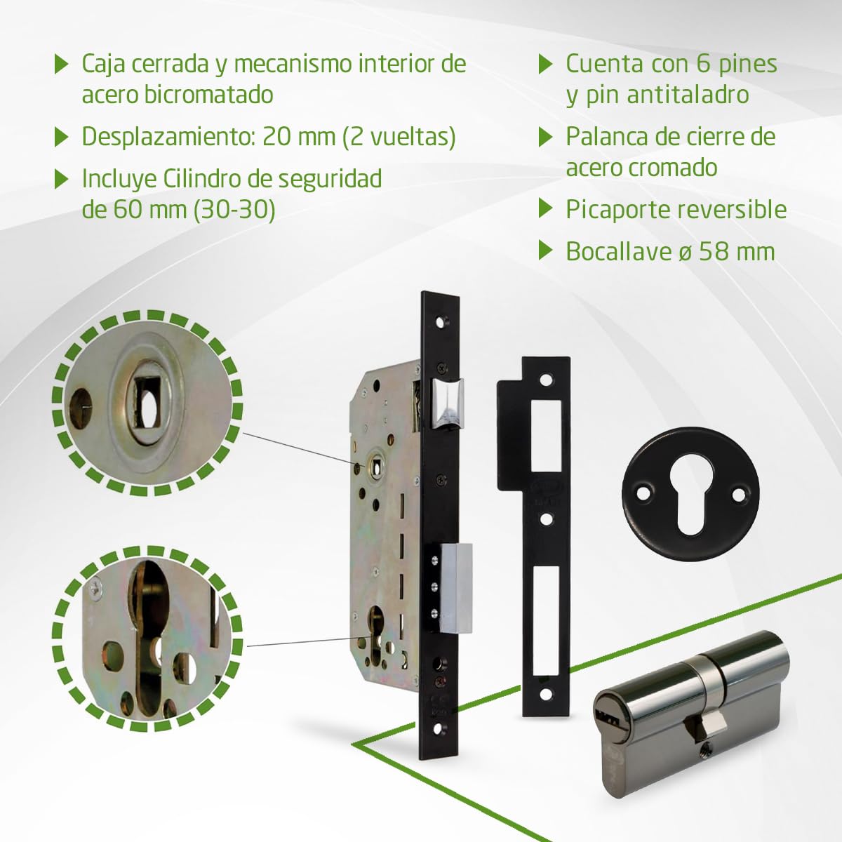 Amig - Cerradura de Embutir con Cilindro de Seguridad y Bocallave + 5 Llaves - Para Puertas de Madera de Entrada - De Acero Acabado en Negro - Picaporte Reversible - Para Manilla de 8 mm