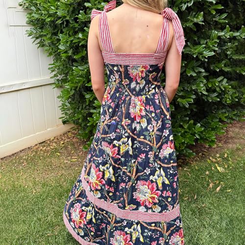 Image of Women Y2k Boho Maxi Dress Tie Shoulder Backless Strappy Tiered Flowy Dress 2024 Summer Floral Beach Sundress