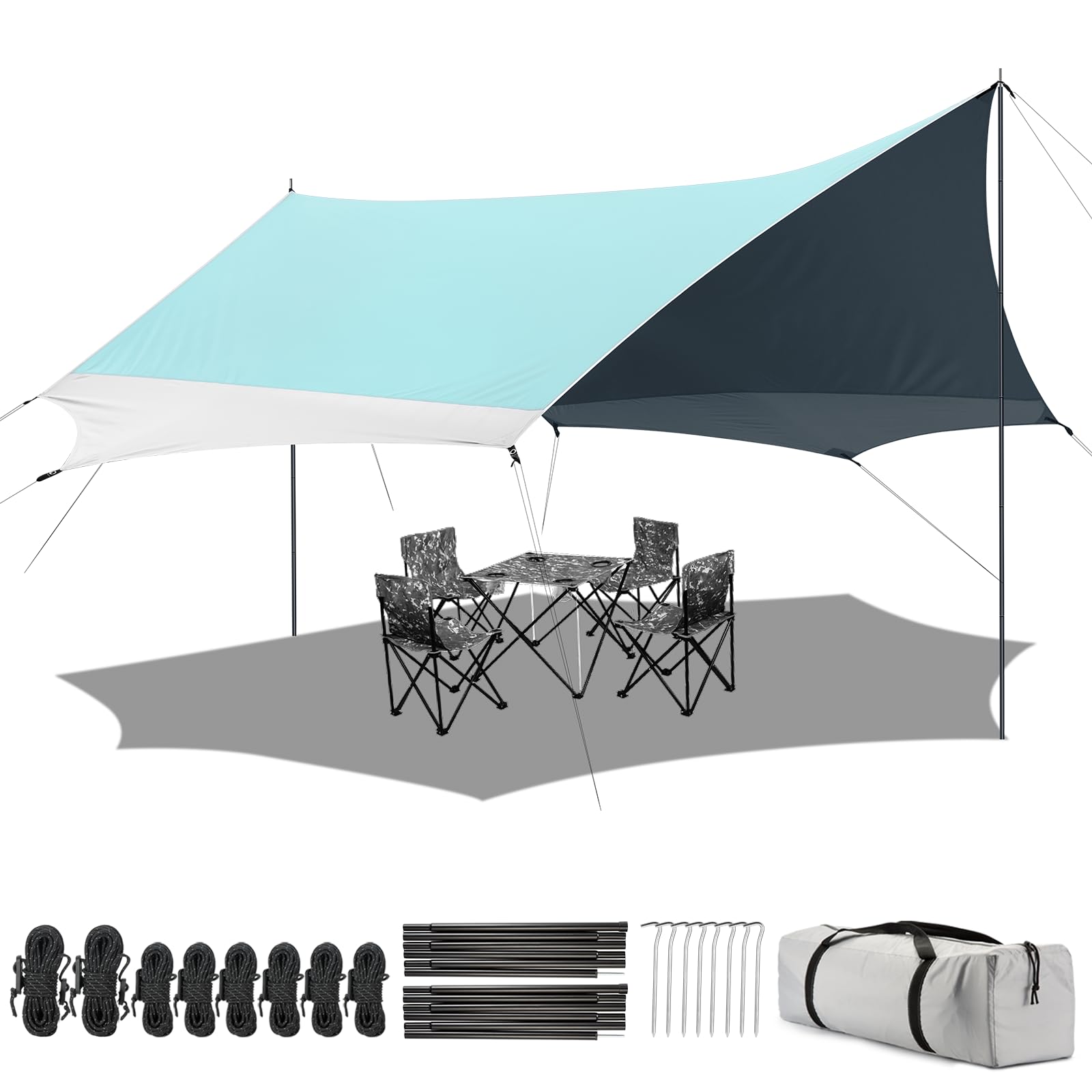 Bâche de Camping avec 2 poteaux,bâche imperméable PU2000+, UPF 50+, revêtement argenté, Toile imperméable avec œillets pour Camping, Backpacking, randonnée