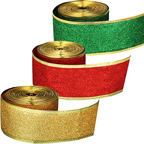 Pangda 3 Rolls Christmas Ribbon Wired 2 Inch Metallic Glitter Fabric Wrapping Ribbons with Wired Edge for Christmas Tree Home Bows Garland DIY Crafts Decorations Gift Wedding(Red, Gold, Green)