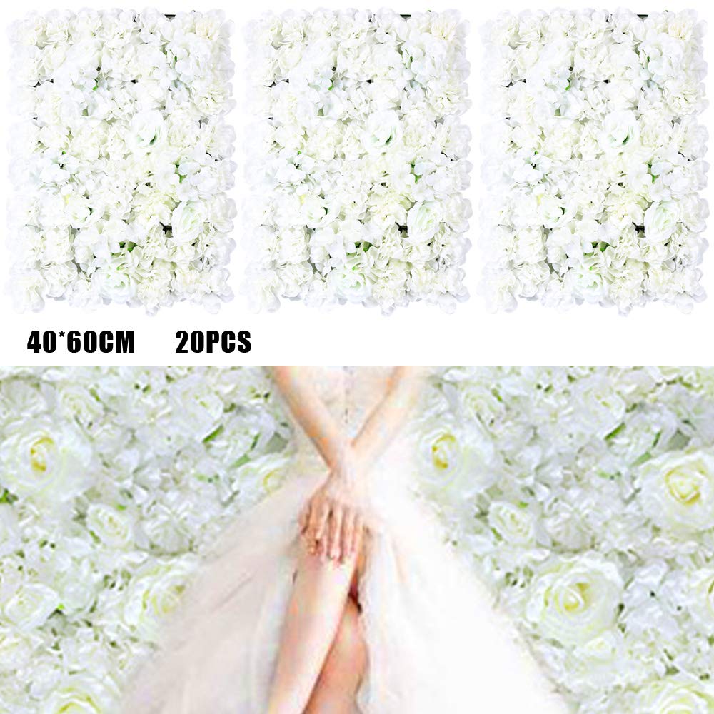 WooDerson 20 Stück Weiß Künstliche Blumenwand Paneele 60X40cm Blumenwand Kunstblumen Gross Blumenwandpaneel Für Party, Heimdekoration, Hochzeit Usw