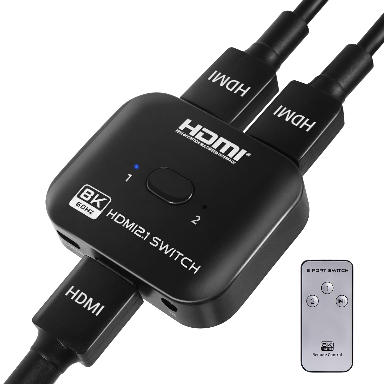 8K HDMI Splitter 1 in 2 Out, HDMI 2.1 Switch 4K 120Hz, Bi-Directional Switcher 2 in 1 Out Support 48Gbps 8K@60Hz 4K@144Hz for PS5/PS4,HDTV,Xbox,Fire Stick