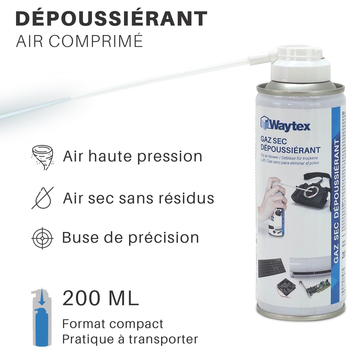 Confezione da 12 bombolette per spolverare aria secca 5 bar, 200 ml, pulizia elettronica potente per tastiere, PC, dispositivi, griglie di ventilazione con tubo flessibile