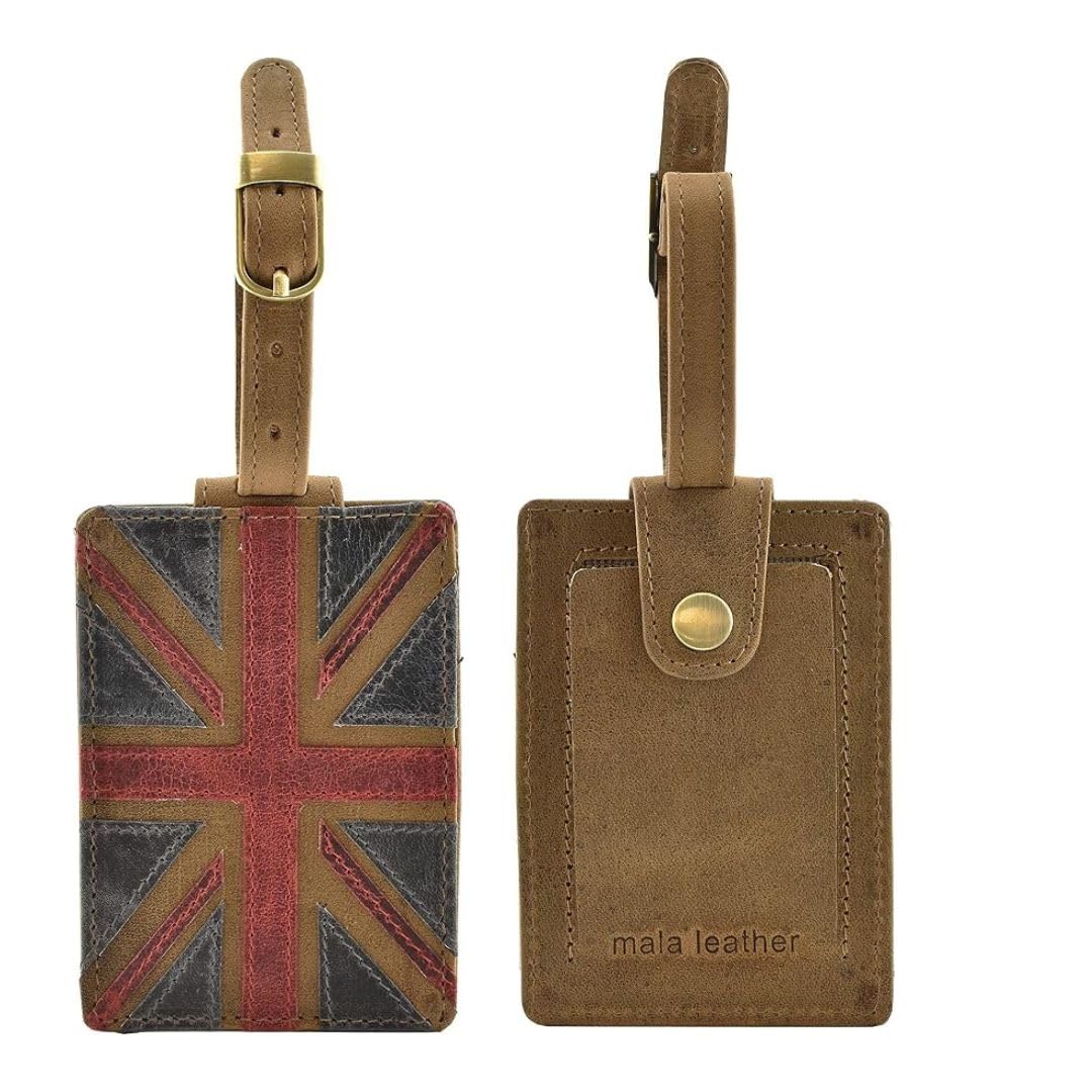 Mala Leather Union Jack pokrowiec na paszport i etykieta bagażowa zestaw upominkowy 100% prawdziwa skóra z pudełkiem prezentowym - brązowy - 20 × 21,5 cm