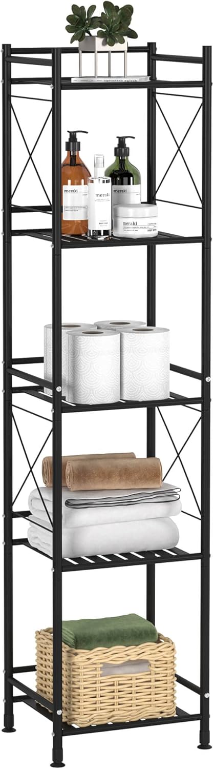 TZAMLI 5 Tier Shelving Unit, Freestanding Bathroom Storage Shelves, Metal Heavy Duty Storage Rack Shelf for Small Space Kitchen Balcony Dorm, Matte Black