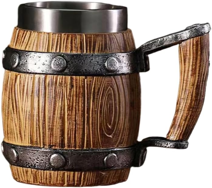 Viking Wooden Beer Mug, Medieval Barrel Shaped Tankard with Stainless Steel Insert, 600ml Capacity, Rustic Brown Oak with Metal Bands (H)